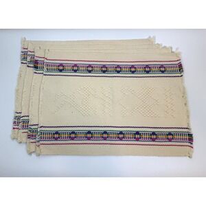 Set Of 4 Hand-woven Fringed Placemats Mexican Telar Geometric Texture Cotton